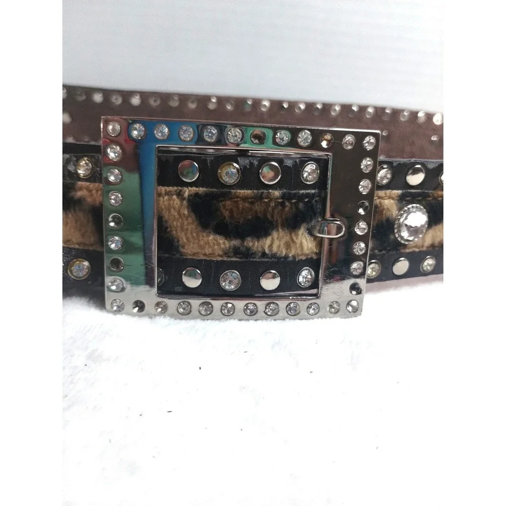 Leopard Print Rhinestone Studded Belt Faux Fur Western Glam Black‎ Brown 44.5in